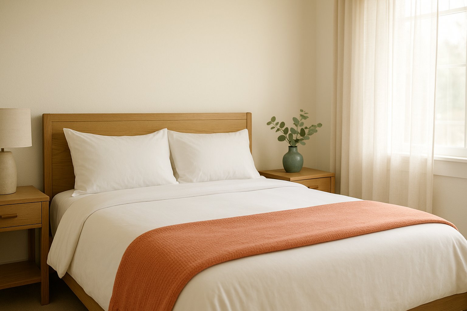 A guest-ready vacation rental bedroom with crisp white linens, warm wood tones and soft daylight