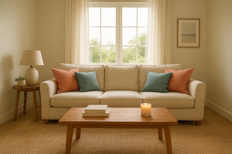 A welcoming vacation rental living room with soft daylight